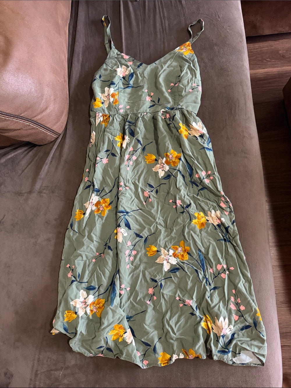 Olive Green Floral Midi Dress with Adjustable Straps